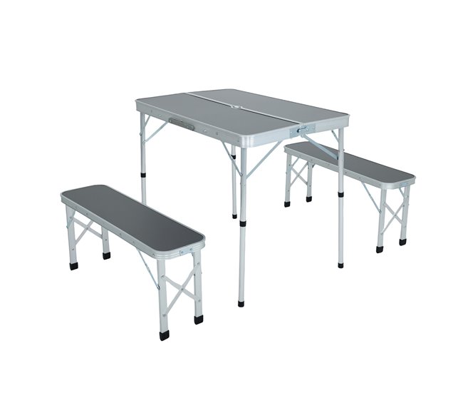 Conforama Mesa de camping ROI con 2 bancos plegables en color gris