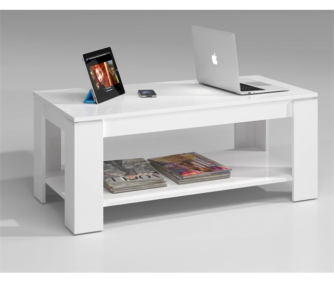 Conforama Mesa De Centro Ddeviti Mesa De Centro Con Estante Elevable Mesa Baja De Salón 102x50h43/54 Cm Blanco Mate