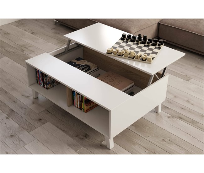 Conforama Mesa De Centro Dgattus Mesa De Centro Con Tapa Elevable Mesa Baja De Salón 100x68h38 Cm Blanco Brillo Y Roble