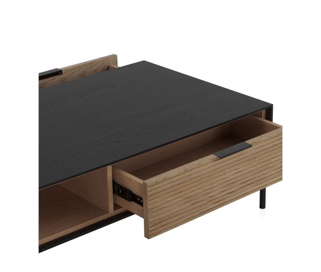Conforama Mesa De Centro Fresno Negra Con Cajones Naturales Y Patas De Metal Negro