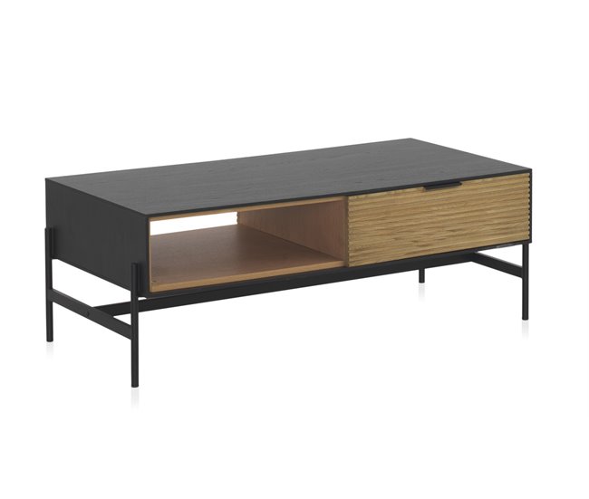 Conforama Mesa De Centro Fresno Negra Con Cajones Naturales Y Patas De Metal Negro