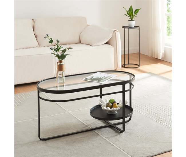 Conforama Mesa De Centro Kumla Ovalada Metal Cristal 90x43x46cm - Negro [en.casa]