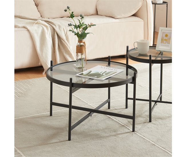 Conforama Mesa De Centro Lier Redonda Metal Cristal 40xØ61 Cm - Negro [en.casa]