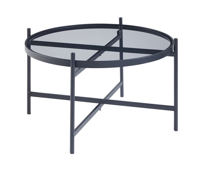 Conforama Mesa de centro Lier redonda metal cristal 40xØ61 cm - Negro [en.casa]
