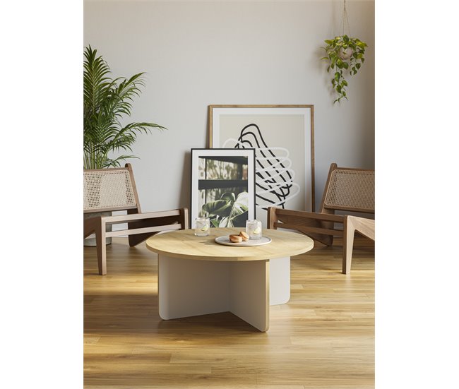 Conforama Mesa De Centro Redonda HILLARY Roble Y Crema