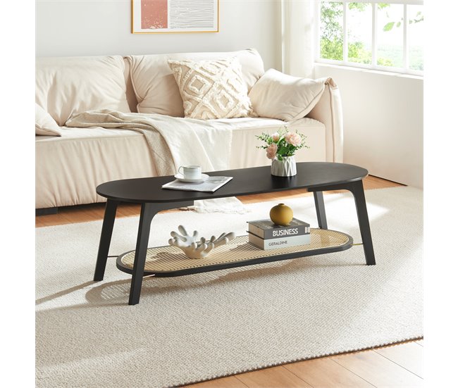 Conforama Mesa De Centro Taivalkoski 120x43x40cm - Negro/Ratán [en.casa]