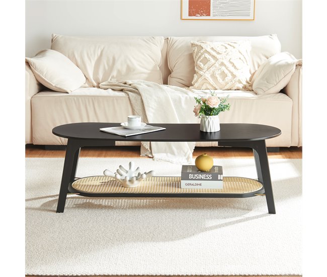 Conforama Mesa De Centro Taivalkoski 120x43x40cm - Negro/Ratán [en.casa]