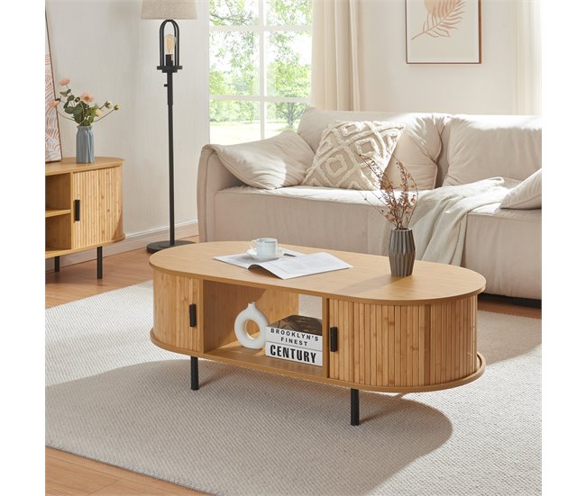 Conforama Mesa De Centro Tvedestrand Con Puertas Bambú 120x55x40cm - Natural/Negro [en.casa]
