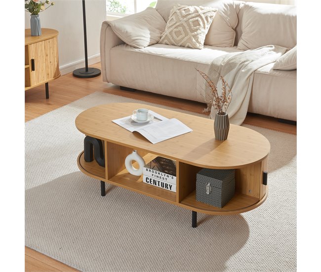 Conforama Mesa De Centro Tvedestrand Con Puertas Bambú 120x55x40cm - Natural/Negro [en.casa]