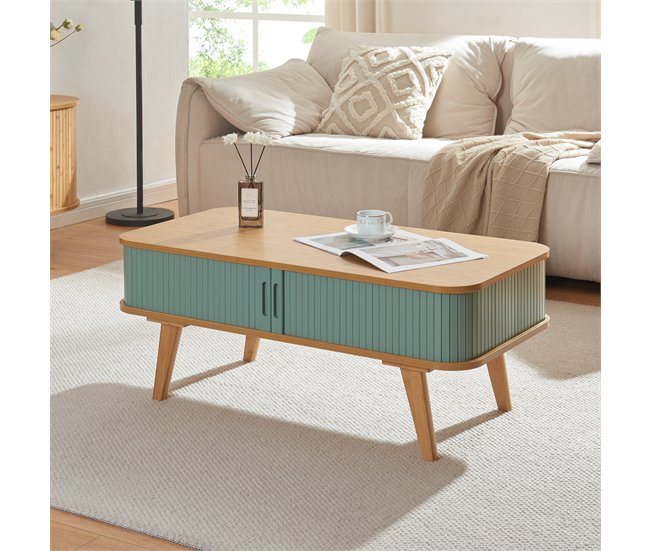 Conforama Mesa De Centro Tysvær Con Puertas Bambú 100x50x40cm - Natural/Azul [en.casa]