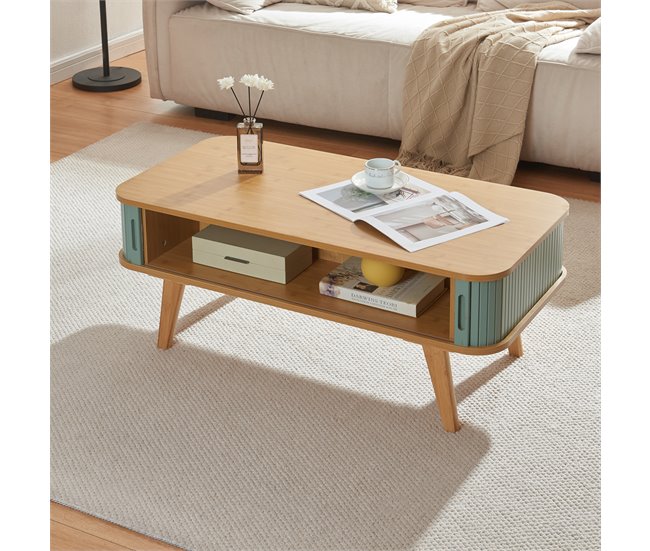 Conforama Mesa De Centro Tysvær Con Puertas Bambú 100x50x40cm - Natural/Azul [en.casa]
