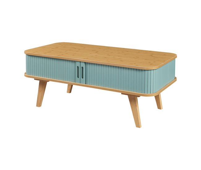 Conforama Mesa de centro Tysvær con puertas bambú 100x50x40cm - Natural/Azul [en.casa]