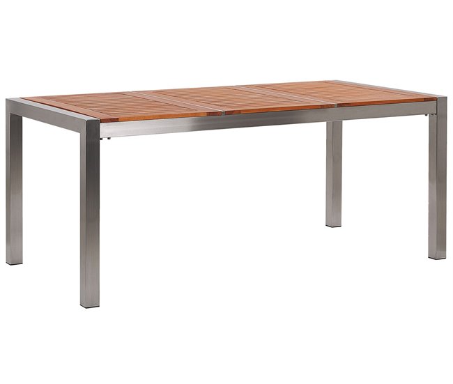 Conforama Mesa de comedor de metal/madera de eucalipto clara/plateado 180 x 90 cm GROSSETO