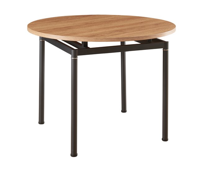 Conforama Mesa de comedor Hemnes redonda 4 personas acero MDF Ø 100x75 cm - Efecto roble Negro [en.casa]