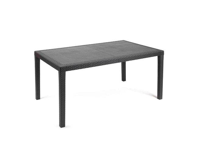 Conforama Mesa de exterior Dfelic Balda rectangular fija Mesa de jardín multiusos efecto ratán 100% Made in Italy 138x78h72 cm Antracita
