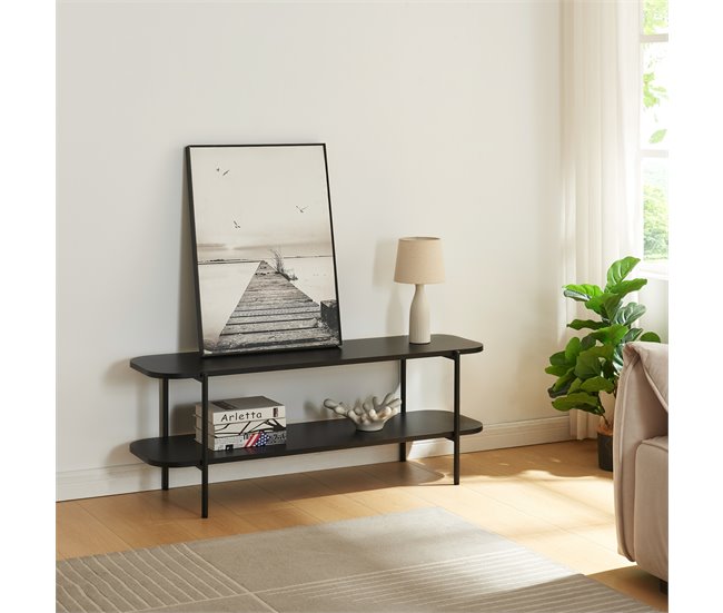 Conforama Mesa De Tele Samnanger Con Estante Acero 120x40x45cm - Negro [en.casa]