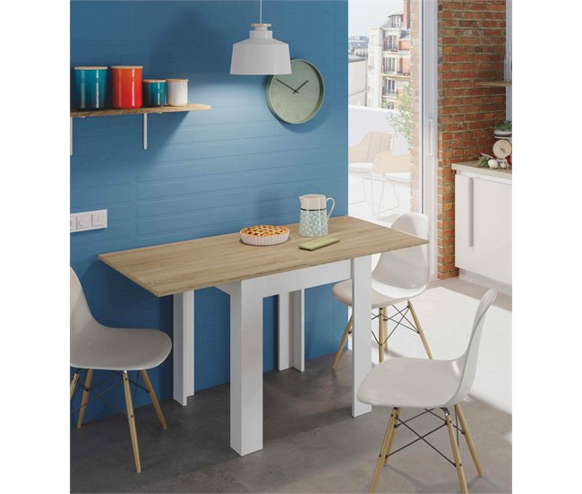 Conforama Mesa Extensible Dkuavit Estante De Comedor Plegable Con Apertura Para Libros Mesa Auxiliar Plegable 67x67/135h79 Cm Blanco Y Roble