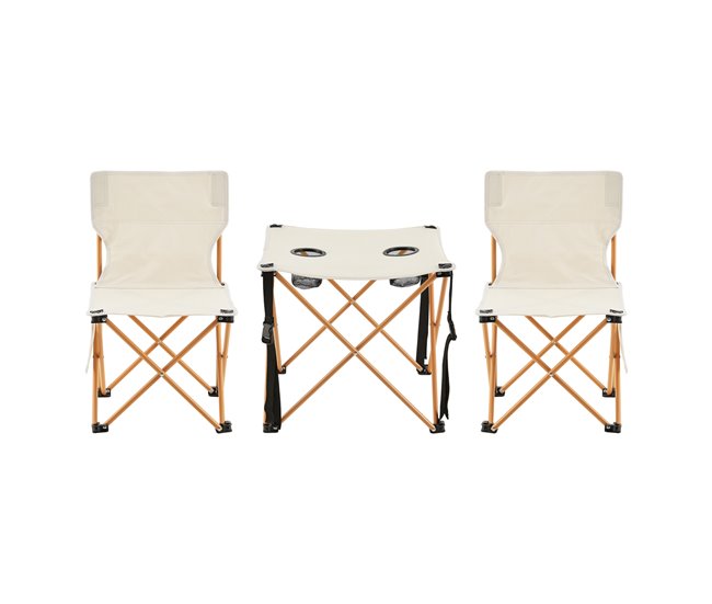Conforama Mesa portátil con 2 sillas plegables camping Banzi acero tela - Beige [casa.pro]