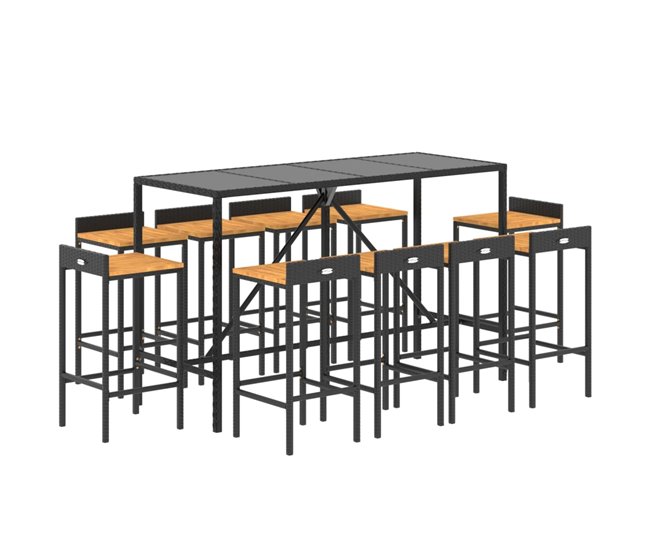 Conforama Mesa Y Taburetes Altos Jardin 11 Piezas Madera Y Ratán Pe Negro Longitud Mesa 180 Cm