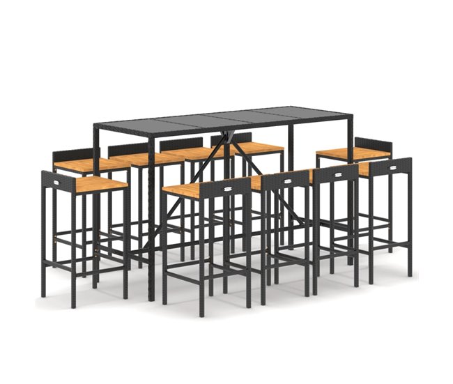 Conforama Mesa y taburetes altos jardin 11 piezas madera y ratán pe negro longitud mesa 180 cm