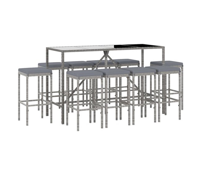 Conforama Mesa y taburetes altos jardin 11 piezas y cojines ratán pe gris longitud mesa 180 cm