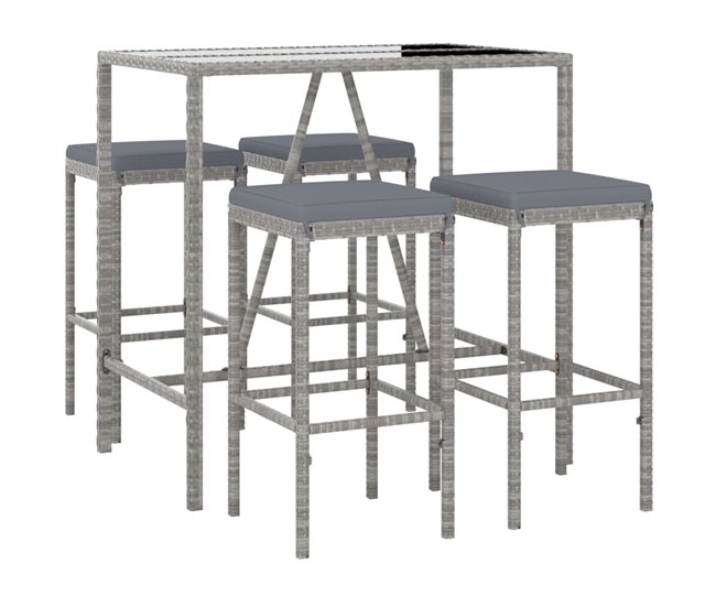 Conforama Mesa y taburetes altos jardin 5 piezas y cojines ratán pe gris longitud mesa 110 cm