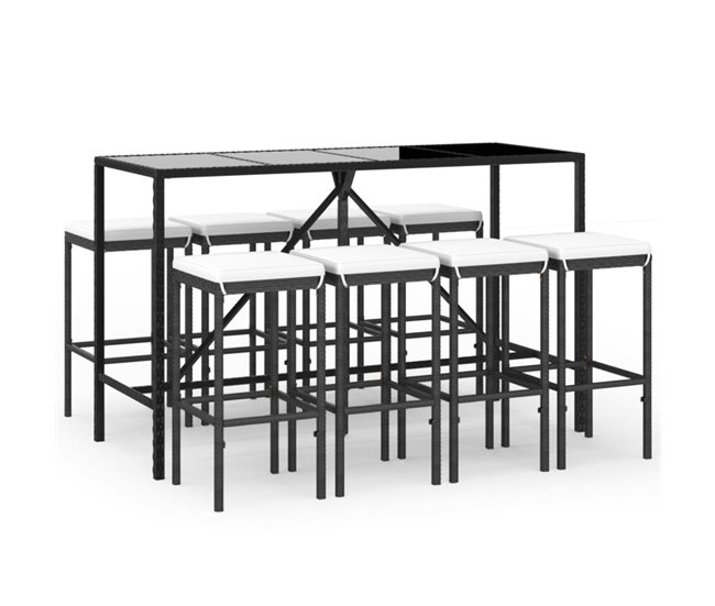 Conforama Mesa y taburetes altos jardin 9 piezas y cojines ratán pe negro longitud mesa 180 cm
