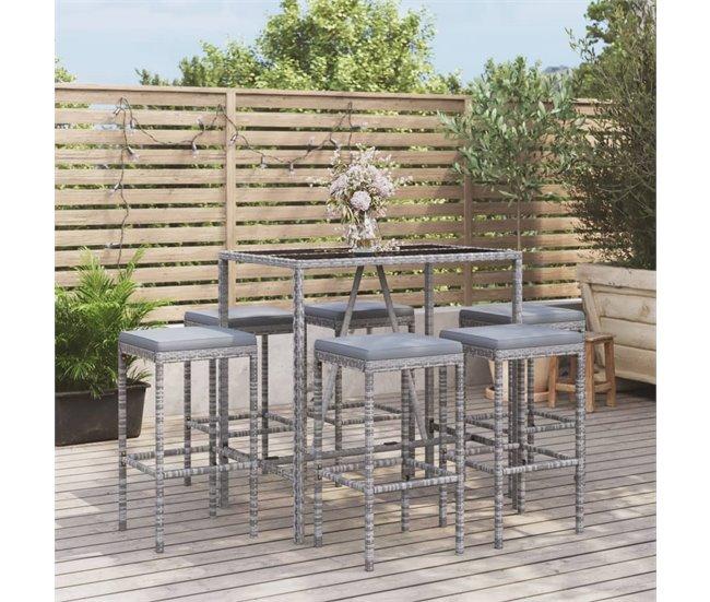 Conforama Mesa Y Taburetes Altos Jardin Y Cojines 7 Piezas Ratán Pe Gris Longitud Mesa 110 Cm