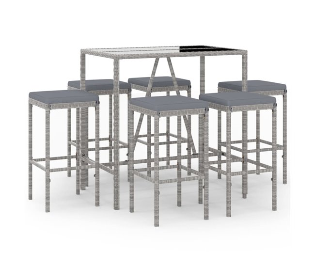 Conforama Mesa y taburetes altos jardin y cojines 7 piezas ratán pe gris longitud mesa 110 cm