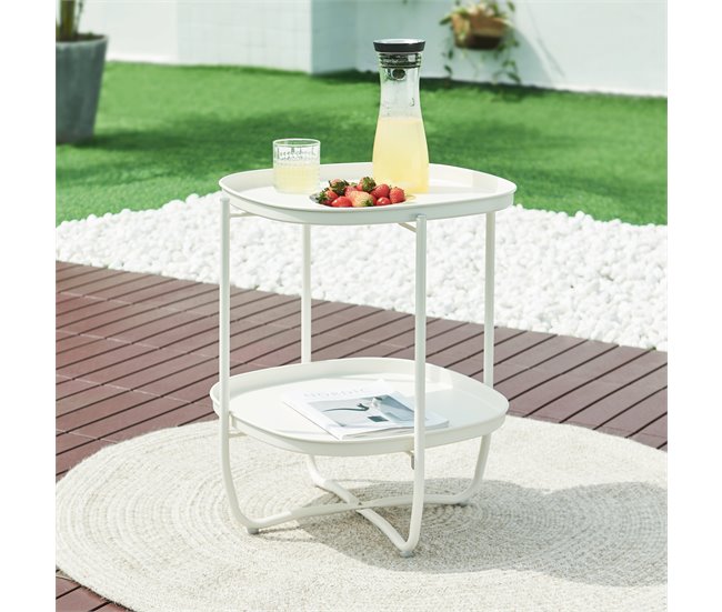 Conforama Mesita De Jardín Sandefjord Con 2 Bandejas Acero 57 5x46x46cm - Blanco [en.casa]
