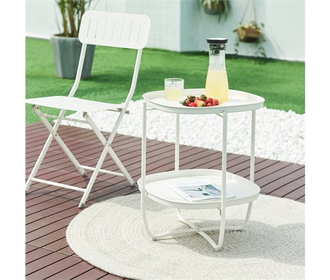 Conforama Mesita De Jardín Sandefjord Con 2 Bandejas Acero 57 5x46x46cm - Blanco [en.casa]