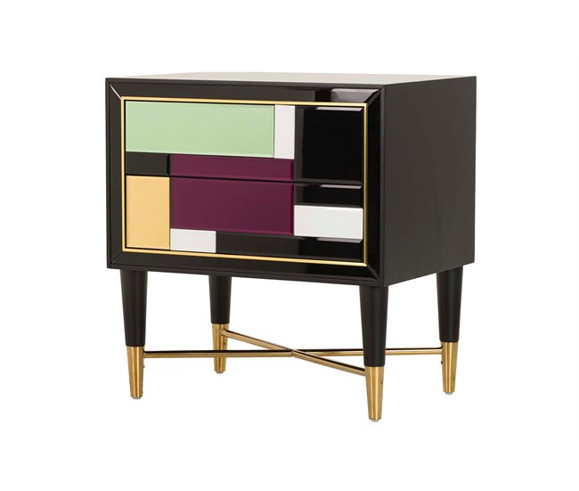 Conforama Mesita de Noche 2 Cajones Multicolor Espejo Acero 59x42x62 Cm