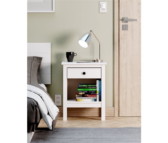 Conforama Mesita De Noche Alexandra House Living Blanco Metal Madera De Pino 47 X 60 X 35 Cm 1 Cajón
