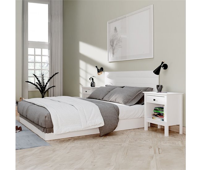 Conforama Mesita De Noche Alexandra House Living Blanco Metal Madera De Pino 47 X 60 X 35 Cm 1 Cajón
