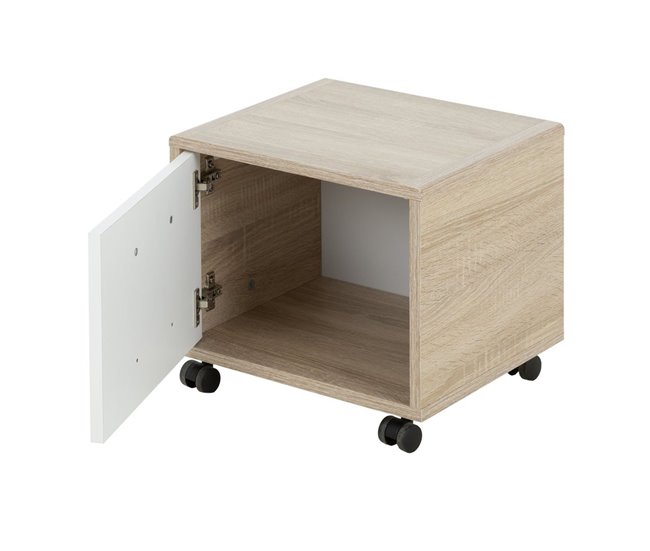 Conforama Mesita De Noche Con Puerta Sobre Ruedas Color Roble - Fabricación Francesa