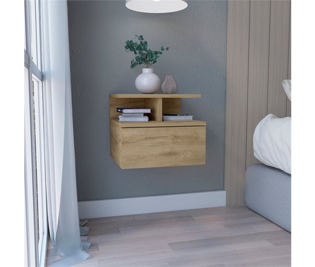 Conforama Mesita De Noche Flotante Augusta Con Dos Estantes Abiertos Y Un Cajon En Riel Metalico Macadamia 29.5 X 35.6 X 33.6 Cm