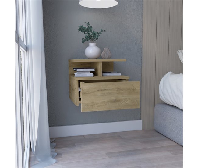 Conforama Mesita De Noche Flotante Augusta Con Dos Estantes Abiertos Y Un Cajon En Riel Metalico Macadamia 29.5 X 35.6 X 33.6 Cm