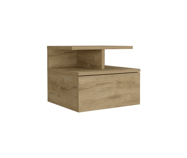 Conforama Mesita de noche flotante Augusta con dos estantes abiertos y un cajon en riel metalico Macadamia 29.5 X 35.6 X 33.6 cm