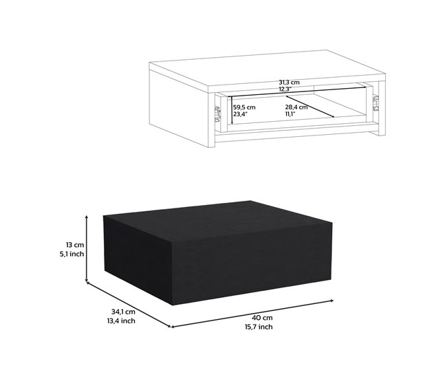 Conforama Mesita De Noche Flotante Milano En Melamina Con Un Cajon De Riel Metalico Negro 13 X 40 X 34.1 Cm