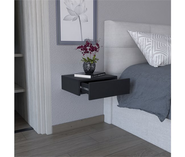 Conforama Mesita De Noche Flotante Milano En Melamina Con Un Cajon De Riel Metalico Negro 13 X 40 X 34.1 Cm