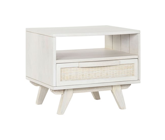 Conforama Mesita de Noche Home ESPRIT Blanco Ratán Madera de mango 55 x 35 x 45 cm