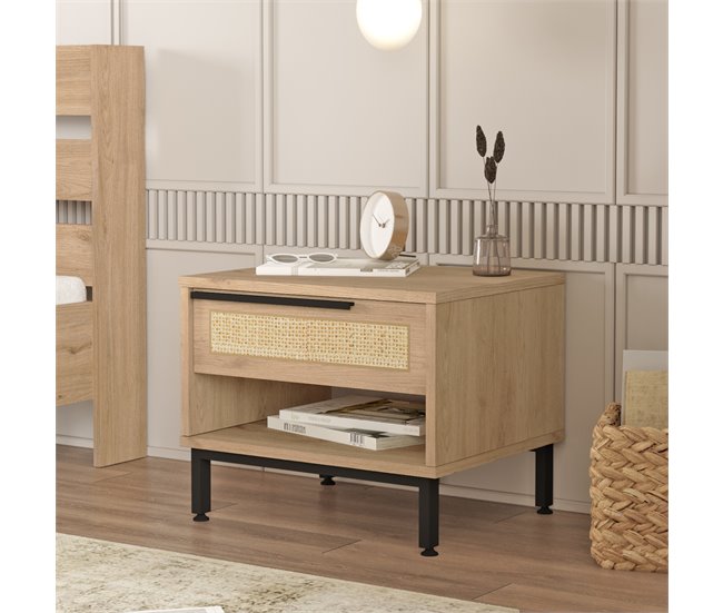 Conforama Mesita De Noche Kvænangen Con Cajón 42.5x53.5x44.5cm - Roble/Efecto Ratán [en.casa]