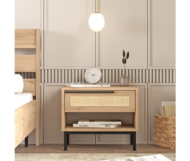Conforama Mesita De Noche Kvænangen Con Cajón 42.5x53.5x44.5cm - Roble/Efecto Ratán [en.casa]