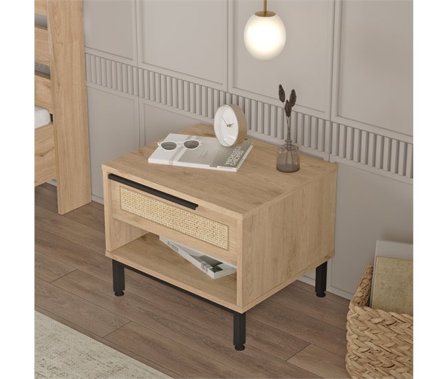 Conforama Mesita De Noche Kvænangen Con Cajón 42.5x53.5x44.5cm - Roble/Efecto Ratán [en.casa]
