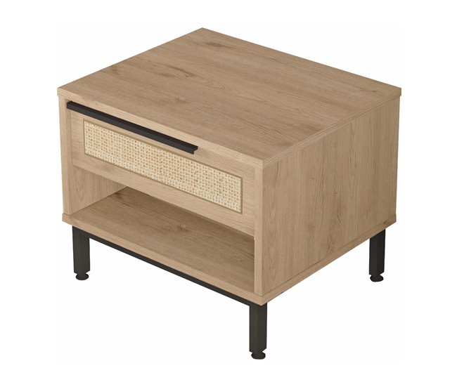 Conforama Mesita de noche Kvænangen con cajón 42.5x53.5x44.5cm - Roble/Efecto Ratán [en.casa]