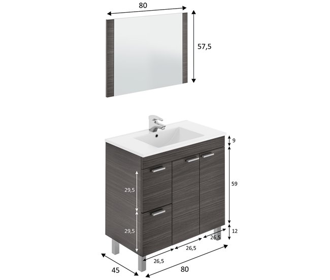 Conforama Mueble Baño Adam 2 Puertas 2 Cajones Espejo Y Lavabo Gris Ceniza