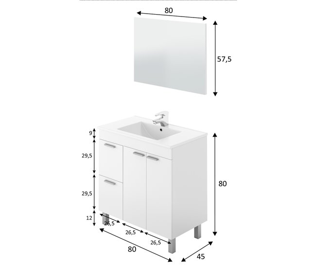 Conforama Mueble Baño Adam 2 Puertas 2 Cajones Espejo Y Lavabo Blanco Brillo