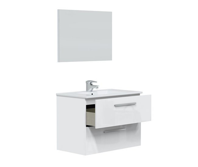 Conforama Mueble Baño Suspendido Axel 2 Cajones Espejo Y Lavabo Blanco Brillo