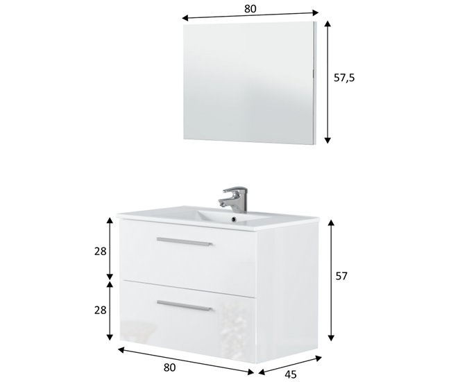 Conforama Mueble Baño Suspendido Axel 2 Cajones Espejo Y Lavabo Blanco Brillo