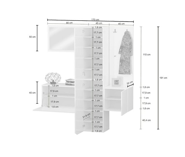 Conforama Mueble De Entrada Dcrescenz Armario Multifuncional Con 3 Puertas Perchero De Pared Con Espejo 170x35h190 Cm Blanco